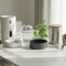 Modern pet feeding set including automatic feeder, glass water fountain, stainless steel dispenser, and ceramic bowls on marble table.