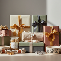 Assorted wrapped pet gift boxes with ribbons, gourmet treats, paw print bowls, and a plush blanket for furry companions.