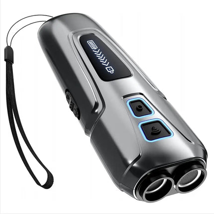 Portable ultrasonic dog repeller device with digital battery display and control buttons.
