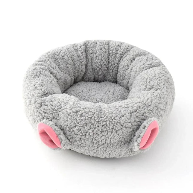Cozy gray plush pet bed with pink ears, perfect for cats and small dogs