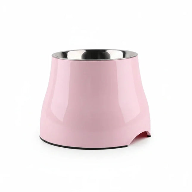 Pink elevated pet bowl with stainless steel interior for dogs and cats