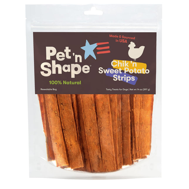 Pet 'n Shape Chik 'n Sweet Potato Strips – 100% natural dog treats made in USA, resealable bag