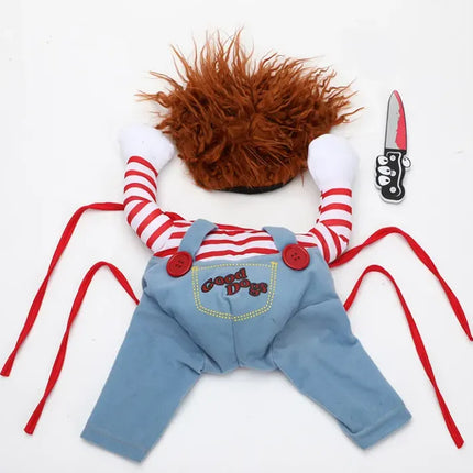 Chucky-inspired doll Halloween costume for pets featuring red hair and denim overalls.