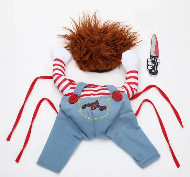 Chucky-inspired doll Halloween costume for pets featuring red hair and denim overalls.