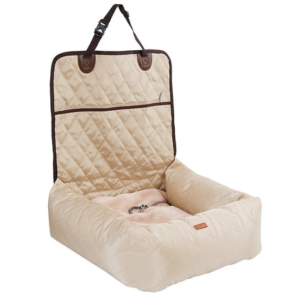 Beige quilted dog car seat with safety harness, perfect for pet travel and comfort
