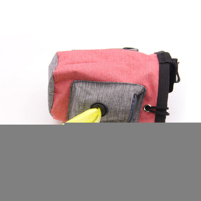Pink and gray pet waste bag dispenser with yellow bag, ideal for dog walks and outdoor cleanup