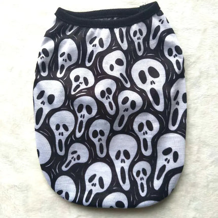 Halloween pet clothing featuring a black and white skull and ghost pattern.