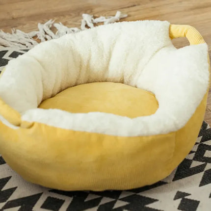Yellow Plush Pet Nest Bed with soft white faux fur lining by Nai Pet Store