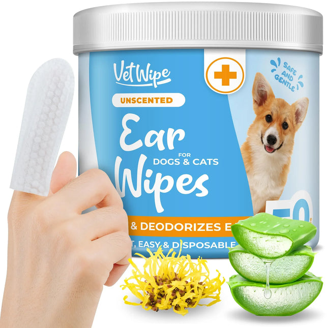 Unscented ear wipes for dogs and cats, gentle pet ear cleaning with aloe and witch hazel