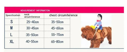 Size chart for pet Halloween costumes showing neck and chest circumference measurements.