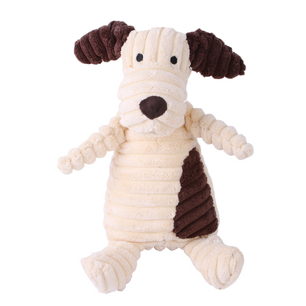 Plush cream and brown striped dog stuffed animal toy for pets.