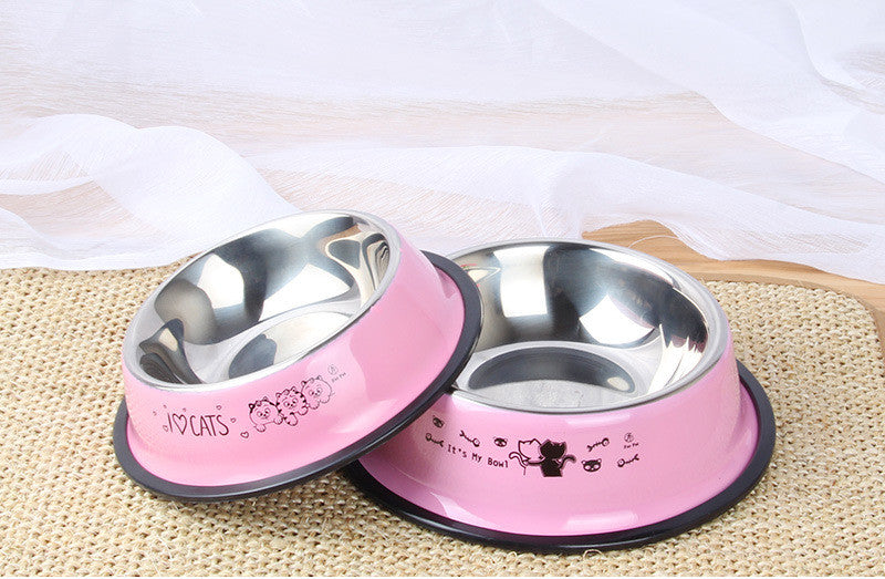 Pink stainless steel cat bowls with cute cat designs, non-slip base for pet feeding