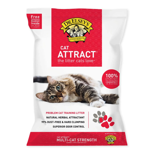Dr. Elsey's Cat Attract litter bag with tabby cat, natural herbal attractant, dust-free, multi-cat strength