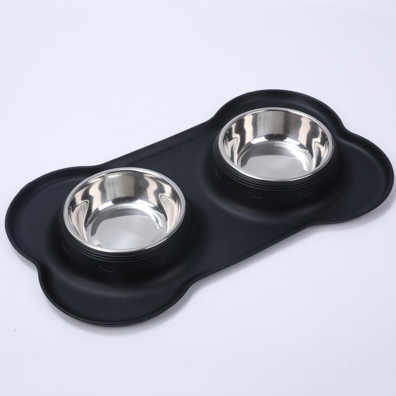 Stainless steel pet bowls on black non-slip tray for dogs and cats