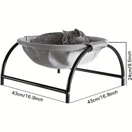 TM elevated cat hammock bed with grey fabric and black metal frame, showing dimensions.
