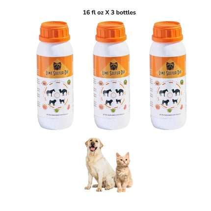 Three 16 fl oz bottles of Healthy Paw Life Concentrated Lime Sulfur Dip for pets.