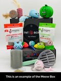 Meow Box cat subscription with toys, treats, and grooming tools for cats