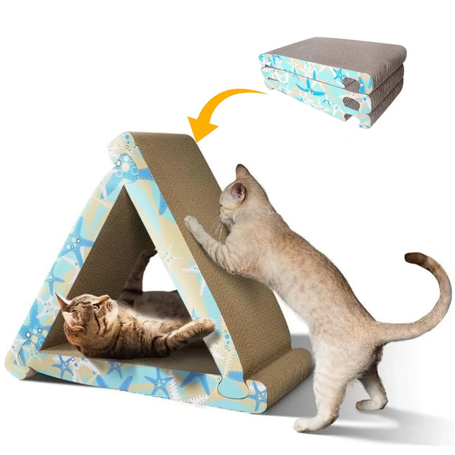 Cat scratching on a starfish-patterned triangular cardboard scratcher with a cozy hideaway