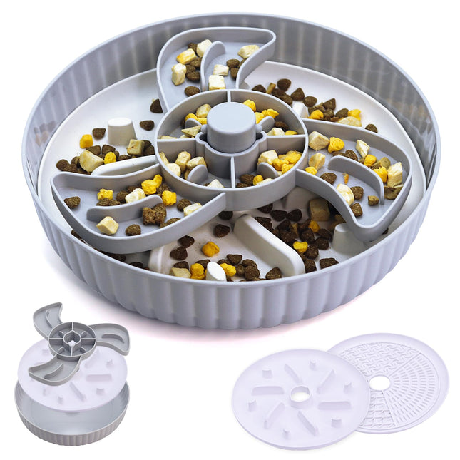 Grey slow feeder dog bowl with interactive maze design for preventing fast eating.