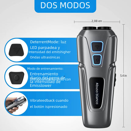 Portable ultrasonic dog repeller with two modes: deterrent and training mode.