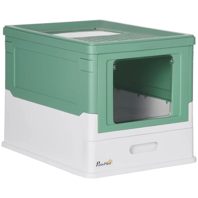 Green and white covered cat litter box with front door and drawer for easy cleaning
