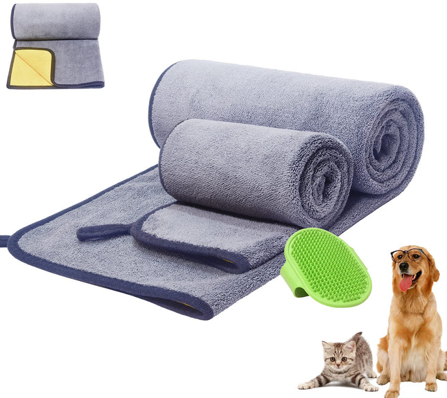 3-in-1 Microfiber Pet Bath Towel & Brush Set | 600 GSM | Dogs & Cats