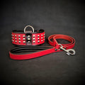Red and black studded dog collar and leash set with metal hardware for pets