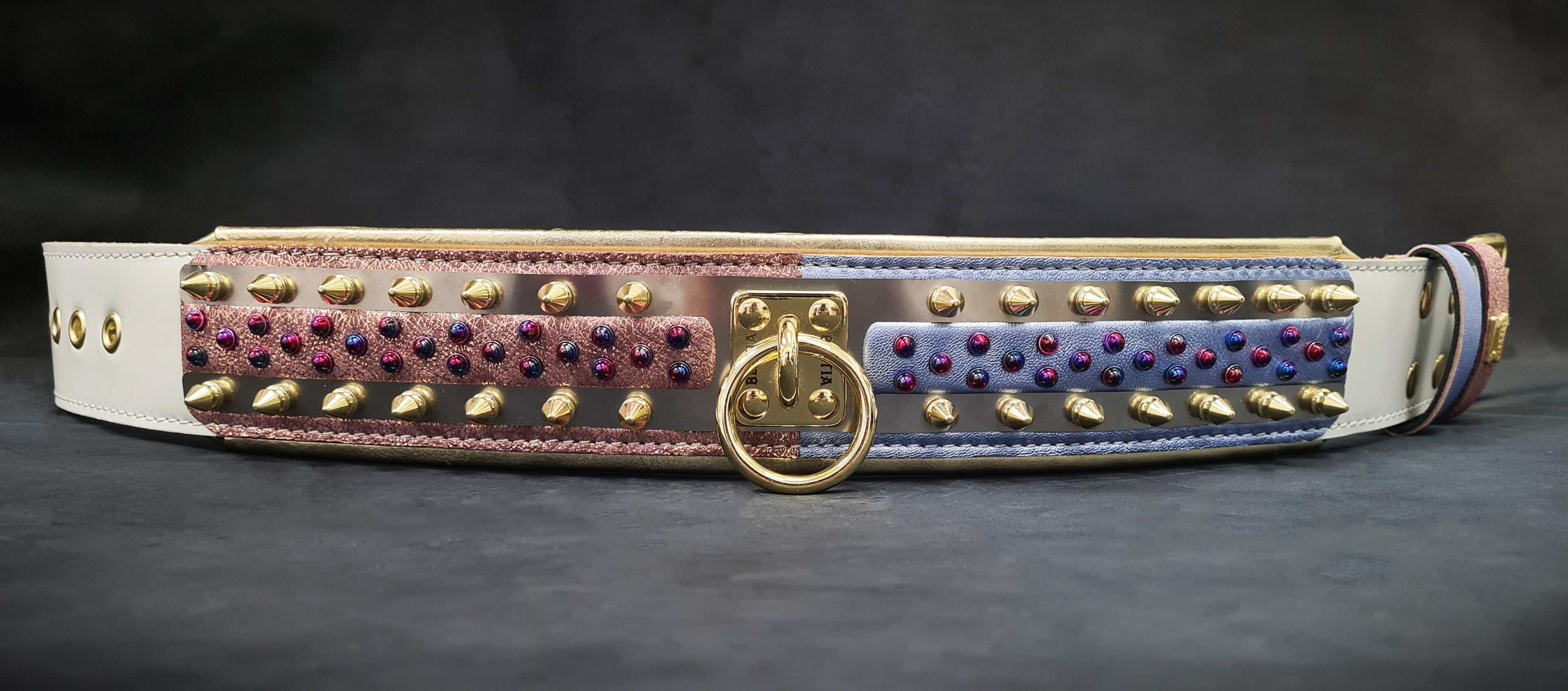 Luxury dog collar with gold spikes, colorful gems, and rose gold & blue panels for stylish pet accessories
