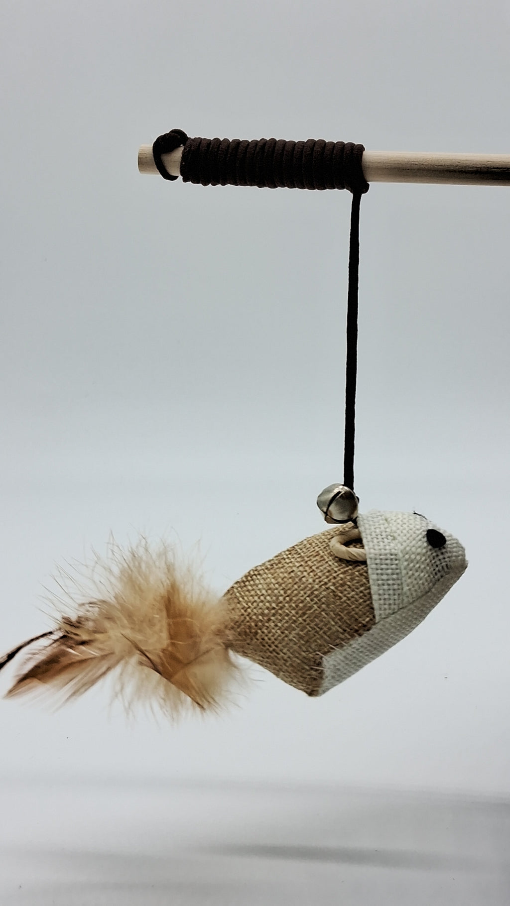 Cat wand toy with burlap mouse, feathers, and bell for interactive play and exercise