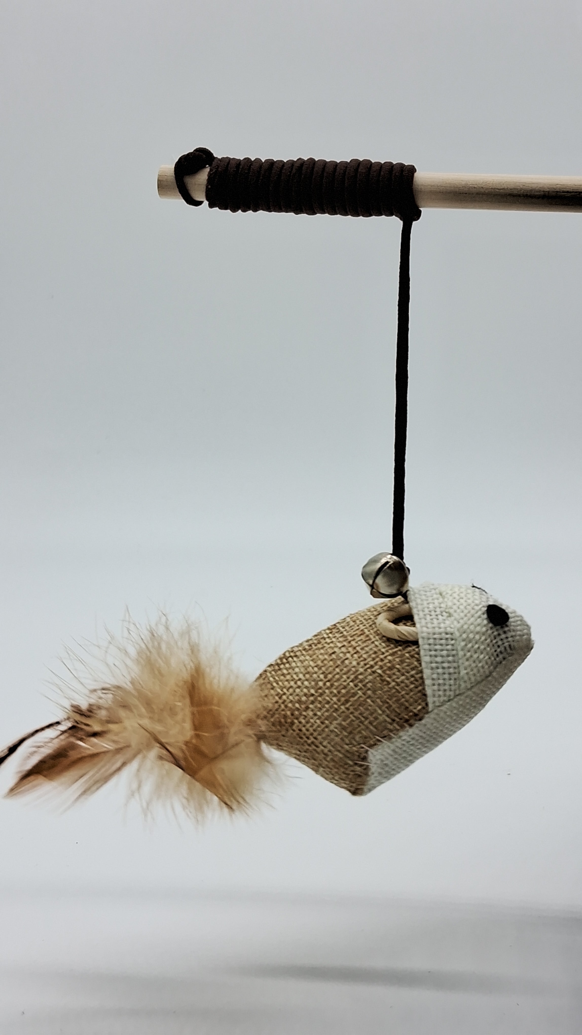 Cat wand toy with burlap mouse, feathers, and bell for interactive play and exercise