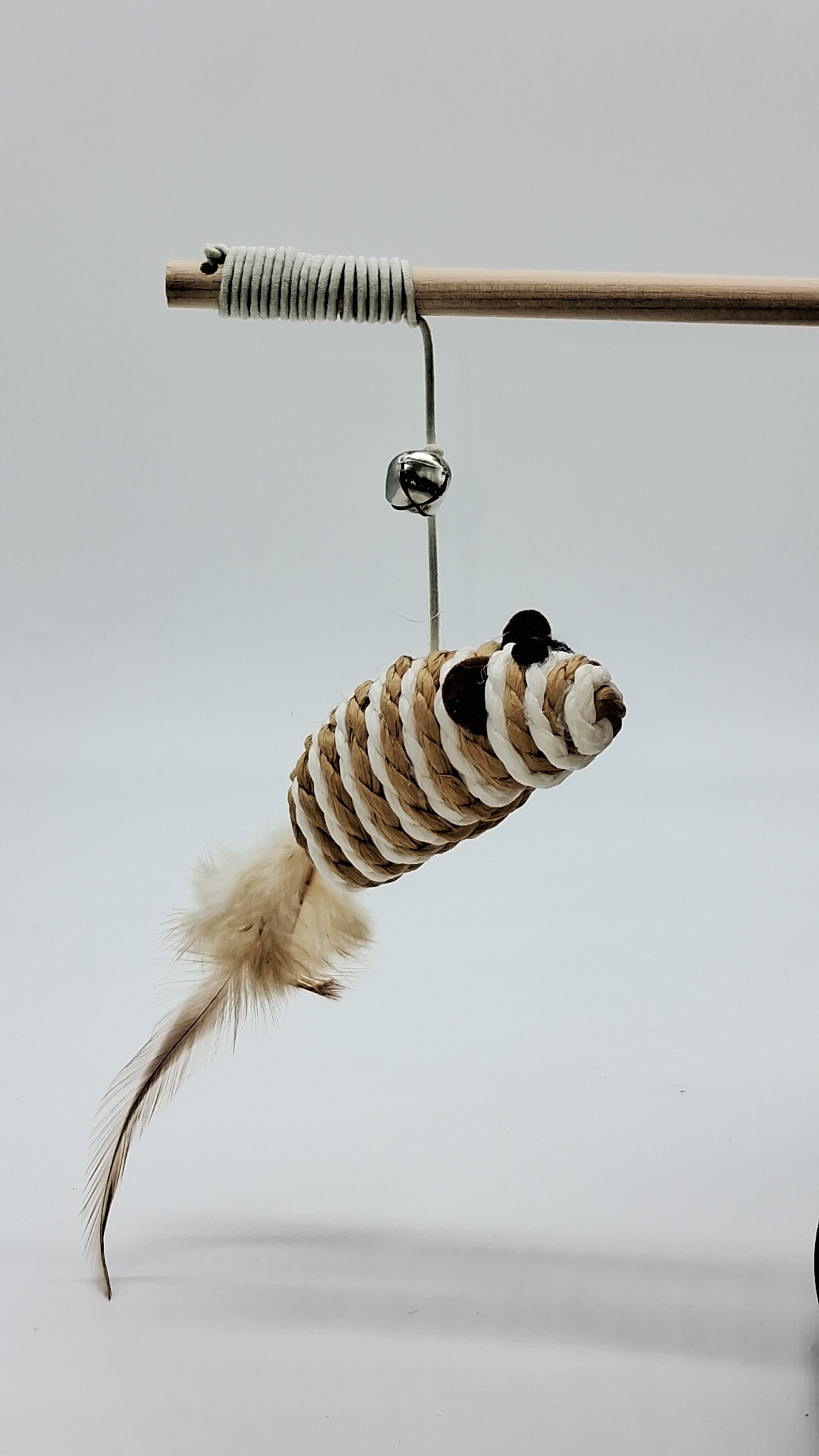 Cat wand toy with rope mouse, feather tail, and bell for interactive play and exercise