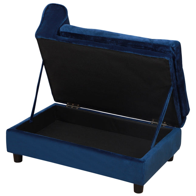 Blue velvet pet bed with storage compartment, ideal for dogs and cats