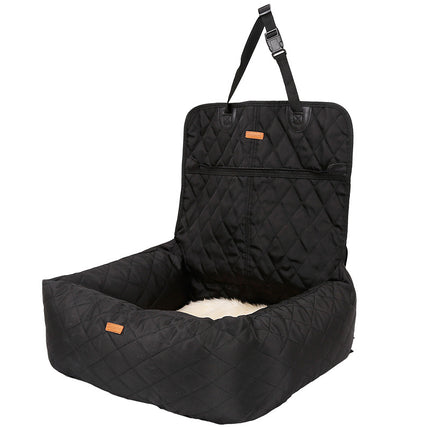 Black quilted dog car seat with safety strap and plush lining for pet travel comfort