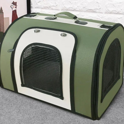 Green and white Woof & Meow pet handbag with mesh windows for cats and dogs