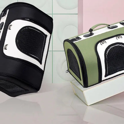 Woof & Meow pet handbags in black and olive green with mesh windows for cats and dogs.