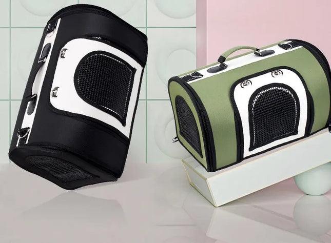 Woof & Meow pet handbags in black and olive green with mesh windows for cats and dogs.