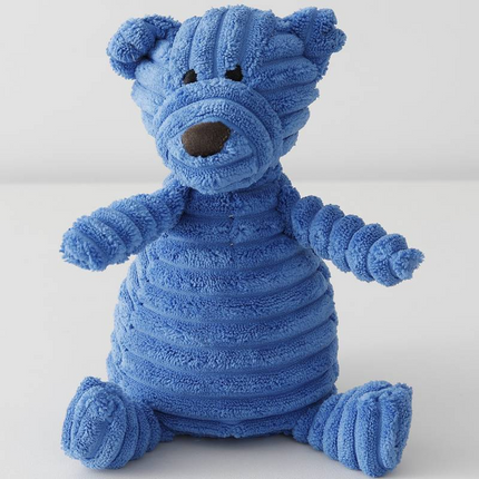 Blue ribbed plush teddy bear dog toy for pets