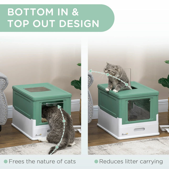 Green and white covered cat litter box with bottom entry and top exit, designed to reduce litter tracking and suit natural cat behavior