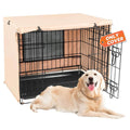 Beige dog crate cover for metal kennel, shown with golden retriever — only cover included