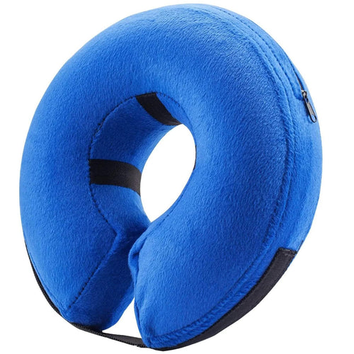Blue plush pet recovery cone with zipper and straps for comfortable healing after surgery