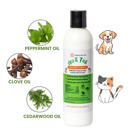 Healthy Paw Life Flea & Tick Shampoo for pets with peppermint, clove, and cedarwood oils.