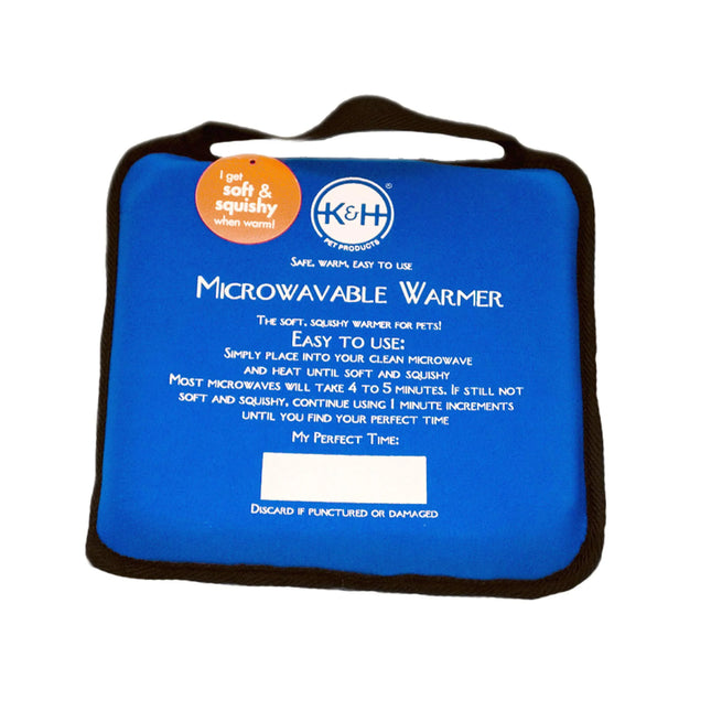 Blue microwavable pet warmer with soft squishy texture, safe for dogs and cats, easy to heat in microwave.