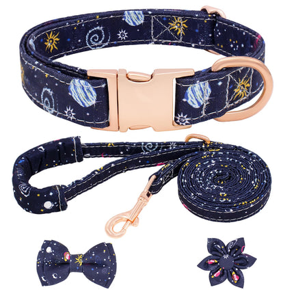 Blue Planet Floral Dog Collar & Leash Set | Cotton, Bow Tie & Flower | XS