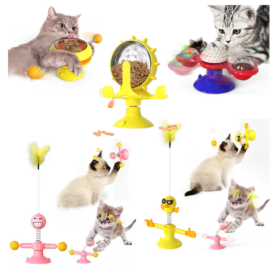 Cats playing with interactive toys, feather wands, and puzzle feeders for mental stimulation and fun.