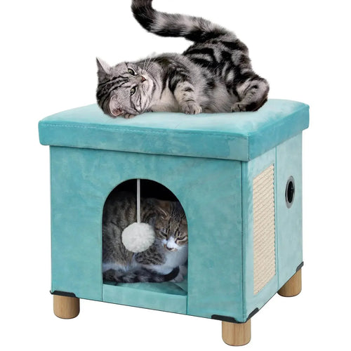 Teal cat condo with scratcher and toy, featuring two cats lounging and playing inside pet furniture