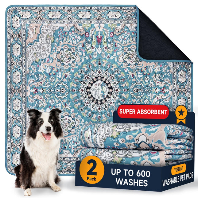 Super absorbent washable pet pads with ornate blue pattern, 2-pack for dogs, up to 600 washes