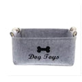 Gray felt dog toy storage bin with bone design and handles, perfect for organizing pet supplies