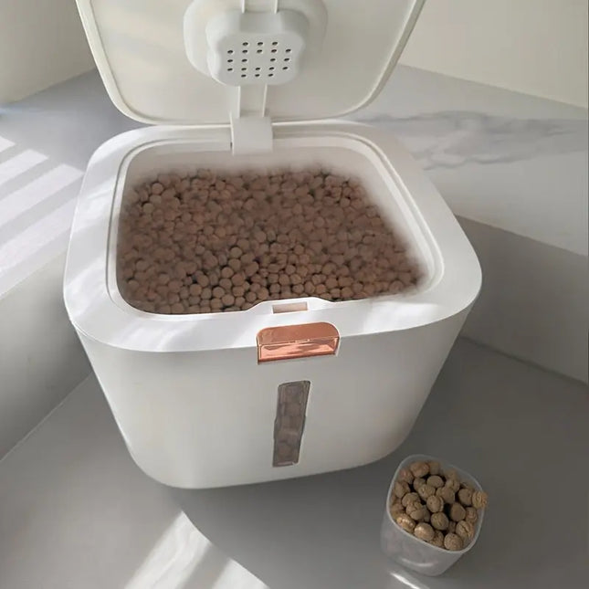 LPT white flip-top pet food storage container filled with kibble.