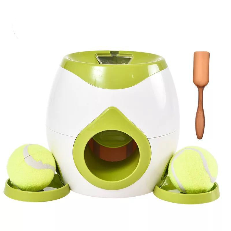 Automatic pet ball launcher with tennis balls and scoop for dog play and exercise