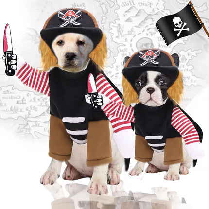 Two dogs wearing pirate costumes with hats and striped shirts.